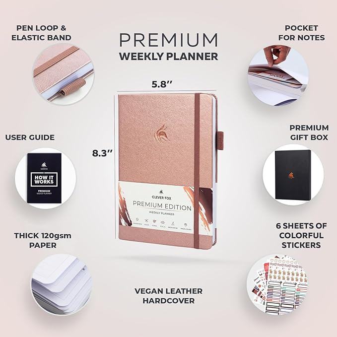 Clever Fox Planner Premium Edition – Undated Luxurious Weekly & Monthly Planner to Increase Productivity and Hit Your Goals – Organizer – Start Anytime, A5, Lasts 1 Year, Rose Gold (Weekly)-CubbioJoy