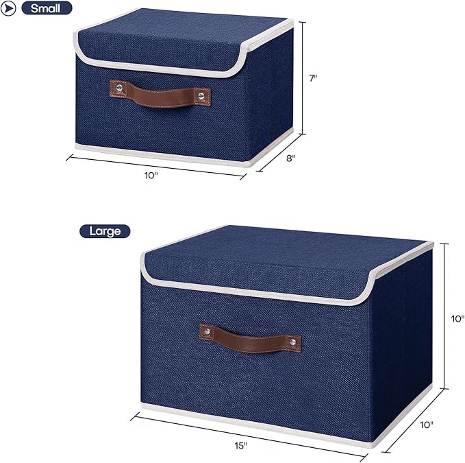 ANMINY Storage Bin with Lid Storage Boxes with PU Leather Handles PP Plastic Board Decorative Foldable Lidded Cotton Linen Fabric Home Cubes Baskets Closet Organizer Container - Blue, Small Size-CubbioJoy