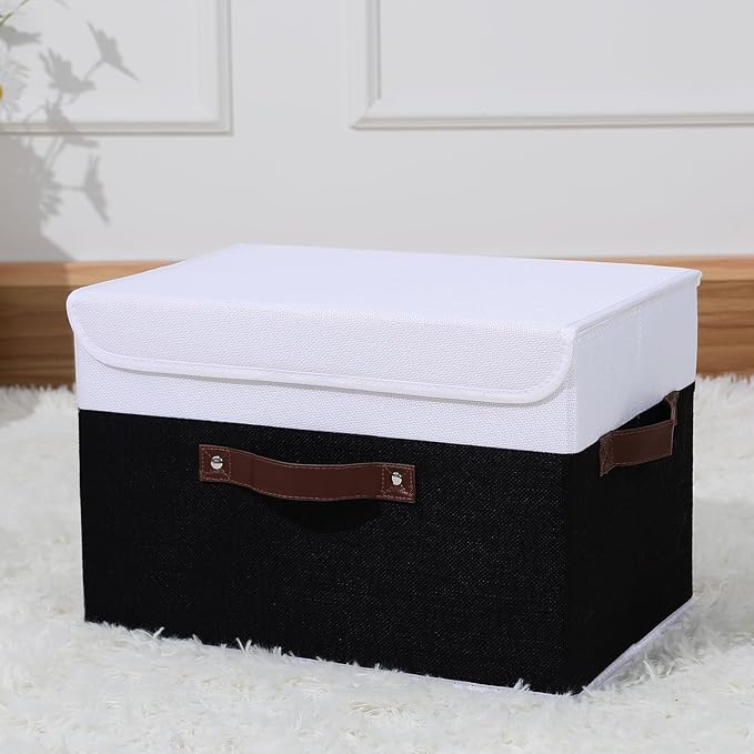 ANMINY Storage Boxes with Lids Washable Decorative Storage Bins Basket with PU Leather Handle Foldable Linen Fabric Storage Cubes Containers for Home Closet Organizer - Black White, Large Size-CubbioJoy