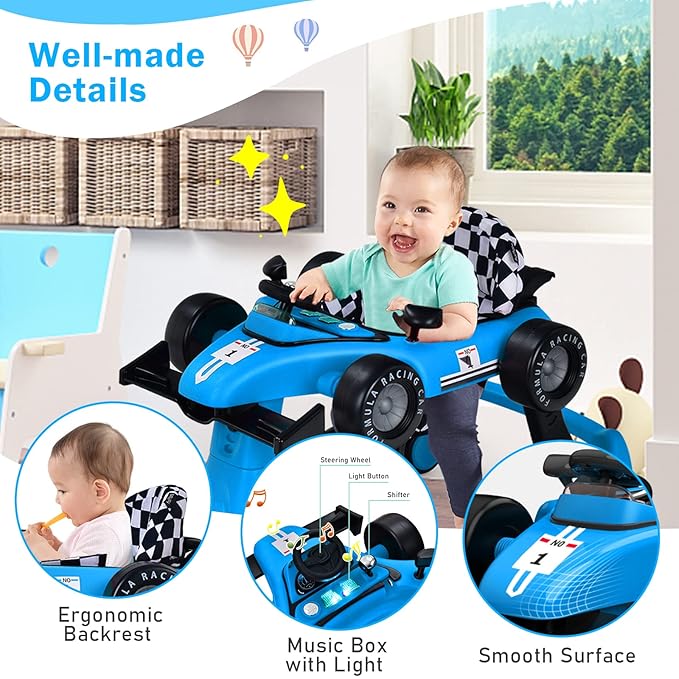 BABY JOY 4-in-1 Baby Walker, Foldable Activity Walker with Adjustable Height & Speed, Music, Lights, Anti-Rollover, Toddler Push Walker, Baby Walker with Wheels for Boys Girls 6-18 Months (Blue)-CubbioJoy