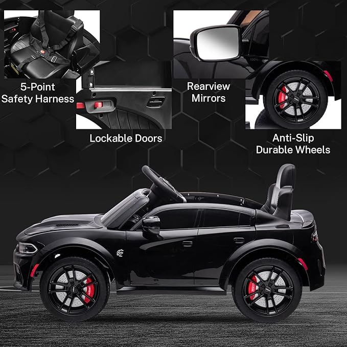 12V 7Ah Kids Electric Ride on Car, Licensed Dodge Charger SRT Hellcat, Battery Powered 4-Wheels Toy Car Electric Vehicle for Kids with Remote Control, 3 Speeds, LED Lights, Music (Black)-CubbioJoy