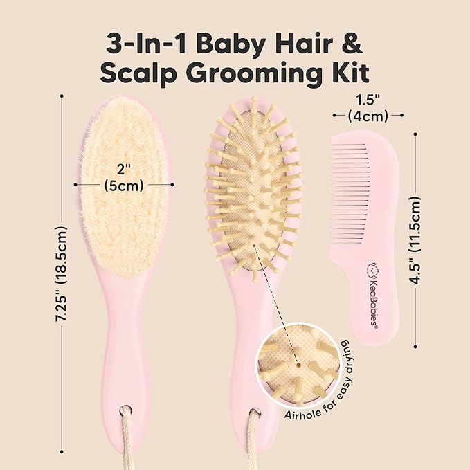 Baby Hair Brush and Comb Set for Newborn - Wooden Baby Hair Brush Set with Soft Goat Bristle, Baby Brush Set for Newborns, Baby Brush and Comb Set Girl, Boy, Toddler Cradle Cap Brush (Oval, Blush)-CubbioJoy