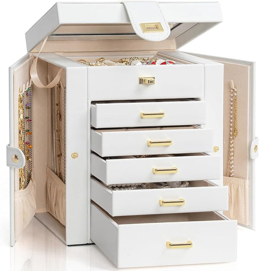 AKOZLIN Functional 6-Tier Jewelry Box Organizer with 5 Drawers Leather Jewelry Storage Case for Women Girls Ring Necklace Earring Bracelet Holder Organizer with Mirror White-CubbioJoy