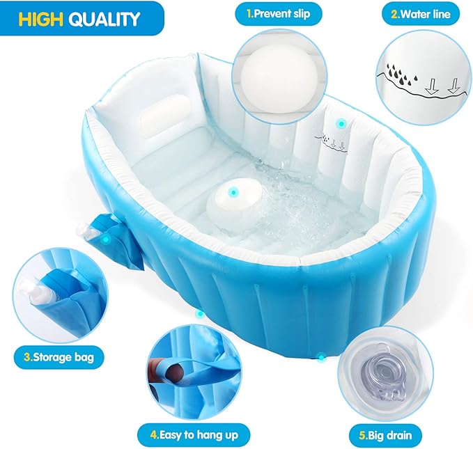 Baby Inflatable Bathtub, Portable Infant Toddler Bathing Tub Non Slip Travel Bathtub Mini Air Swimming Pool Kids Thick Foldable Shower Basin with Air Pump, Blue-CubbioJoy