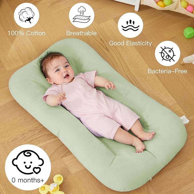 Baby Lounger for Newborn, Bionic Design Baby Lounger, Soft Organic Cotton Breathable Lounger for Infants 0-18 Months (Green)-CubbioJoy