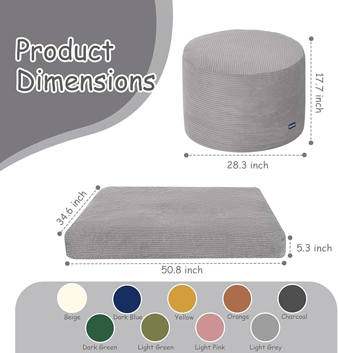 COMAX Kids Bean Bag Chair Turn into Beanbag Bed, Toddler Bean Chair Corduroy for Girl Boy Sleeping, Lazy Children Bean Bags with Filler, Convertible Child Floor Mattress, Light Grey-CubbioJoy