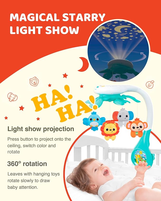 KiddoLab Baby Crib Mobile with Relaxing Music. Includes Ceiling Light Projector with Stars, Animals. Musical Crib Mobile with Timer. Nursery Toys for Babies Ages 0 and Older (New 2025 Model)-CubbioJoy