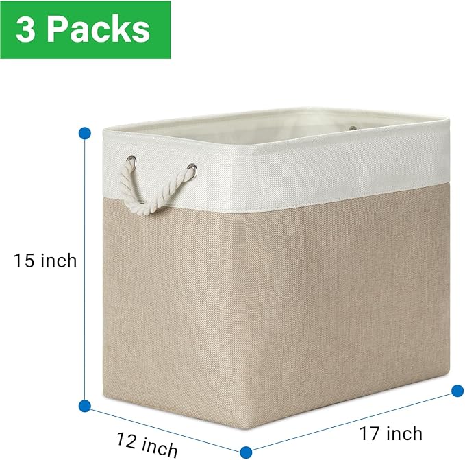 Bidtakay Extra Large Storage Baskets for Organizing 17x12x15.1 inch 3-Pack Fabric Closet Organizers Storage Bins with Handles Foldable Storage Baskets for Shelves Clothes XL-White&Beige-CubbioJoy