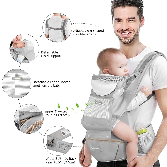 Baby Carrier with Hip Seat,Ergonomic M Position 6in1 Baby Carrier Newborn to Toddler,Head Support and Breathable Mesh Newborn Carrier,Adjustable Baby Holder Carrier for Dad&Mom-Grey-CubbioJoy