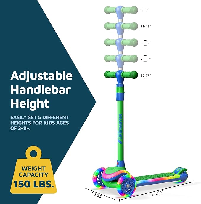 3-Wheel Kids Scooter with Multi-Color Lights on Deck & Wheels – 5-Height Adjustable Handlebar, Wide Anti-Slip Deck, Child Safety Certified, Boys & Girls Ages 3+ Supports Up to 150 lbs-CubbioJoy