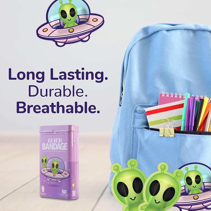 BioSwiss Bandages, Halloween Alien Shaped Self Adhesive Bandage, Latex Free Sterile Wound Care, Fun First Aid Kit Supplies for Kids, 50 Count-CubbioJoy