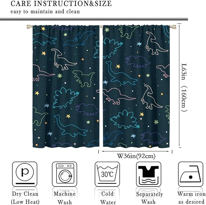 Cartoon Colorful Dinosaur Curtains for Kids Boys Girls Home Decor, Astronaut Funny Outer Space Star Blackout Rod Pocket Window Drapes for Bedroom Living Room W36xL63in 2 Panels-CubbioJoy