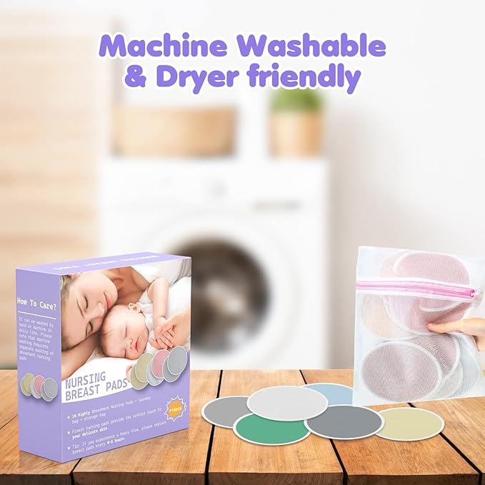 14 PCS Reusable Breast Pads for Breastfeeding – Washable Nursing Pads, Reusable Nursing Pads with Wash & Carry Bags, 4.7 Inch-CubbioJoy