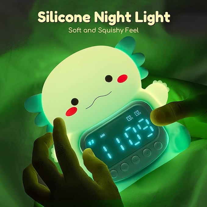 Axolotl Alarm Clock with Night Light for Kids, 7 RGB Color Cute Alarm Clocks for Bedrooms Ok to Wake Clocks, Silicone Animal Tabletop Lamp for Teen Girls Boys, Green-CubbioJoy