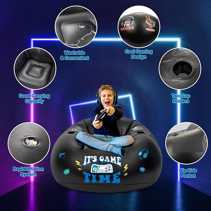 Inflatable Gaming Chair for Kids, Floor Bean Bag Chair for Teens - Boys Room Furniture with Cup Holder and Side Pocket, Inflatable Gaming Couch for Boys Room, Cool Kids Blow Up Couch Decor for Teens-CubbioJoy