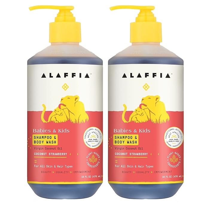 Alaffia Babies and Kids Shampoo and Body Wash, Gentle and Calming Support for Soft Hair and Skin with Shea Butter, Neem, and Coconut Oil, Fair Trade, Coconut Strawberry, 2 Pack – 16 Fl Oz Ea-CubbioJoy