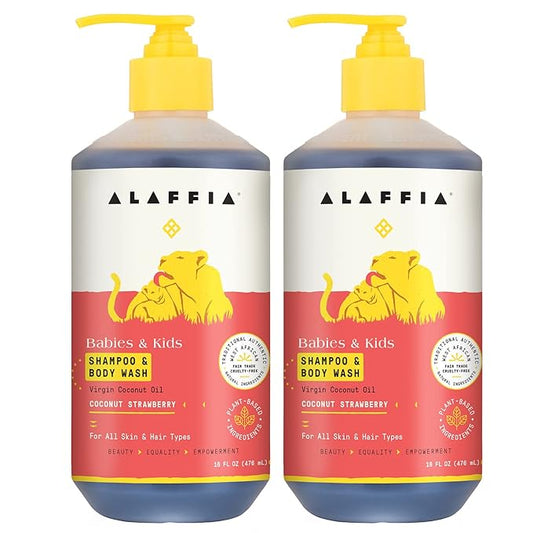 Alaffia Babies and Kids Shampoo and Body Wash, Gentle and Calming Support for Soft Hair and Skin with Shea Butter, Neem, and Coconut Oil, Fair Trade, Coconut Strawberry, 2 Pack – 16 Fl Oz Ea-CubbioJoy