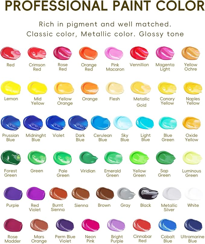 50 Color Acrylic Paint Set, 2oz Bottles, Rich Pigmented Canvas Paint with 10 Brushes &Palette, Professional Art Supplies Kit for Adults & Kids, Non-Toxic, Suitable for Canvas, Rocks, Wood-CubbioJoy