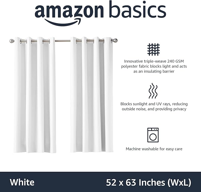 Amazon Basics Light Blocking Room Darkening Blackout Window Curtain with 2 Panels Grommets, for Living Room and Bedroom, 52 x 63 inches, White - Set of 2-CubbioJoy
