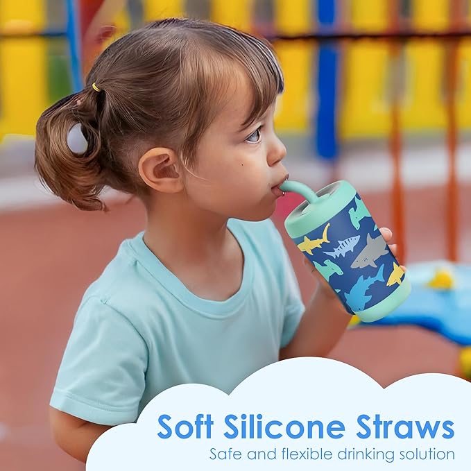 Kid Insulated Stainless Steel Tumbler with Silicone Straw, 12oz Sippy Cup for Kids (Sharks)-CubbioJoy