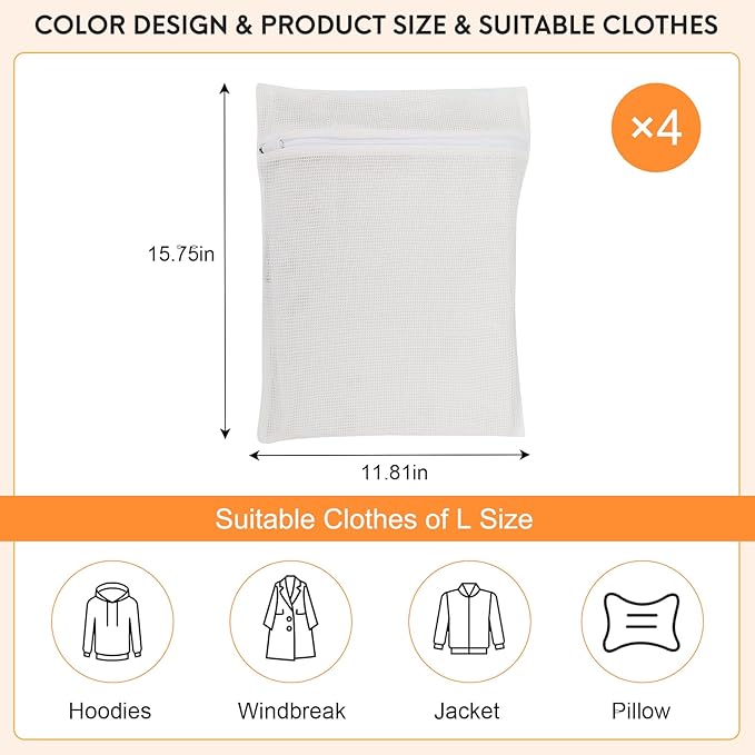 4-Piece White Medium Durable Organic Cotton Mesh Laundry Bags with Sturdy Zippers and Breathable Mesh are Delicate Laundry Bags for Underwear, Clothes, Pants and Socks-CubbioJoy