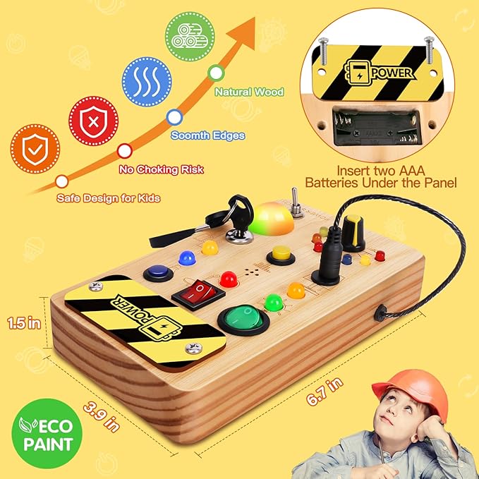 Busy Board Montessori Toys for Toddler, Wooden Sensory Board Switch Toy with Color-Changing LED Light Up Travel Toys Educational Plane Travel Activity for 1-6 Year Old Girls & Boys Gifts-CubbioJoy