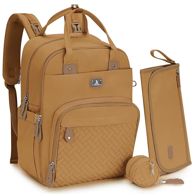Dikaslon Diaper Bag Backpack with Portable Changing Pad, Pacifier Case and Stroller Straps, Large Unisex Baby Bags for Boys Girls, Multipurpose Travel Back Pack for Moms Dads, Tan-CubbioJoy
