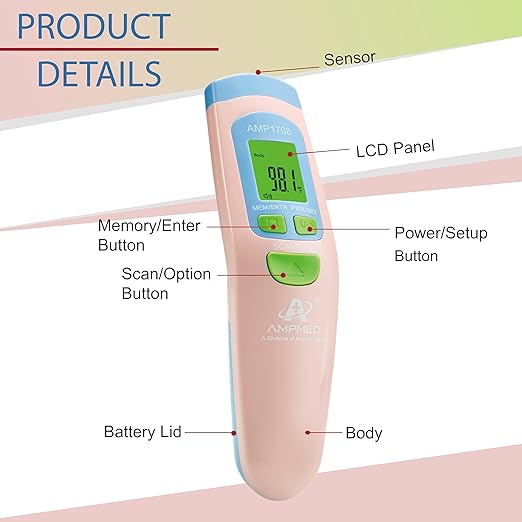Amplim Non-Contact Forehead Thermometer for Adults, Kids & Infants | Ampmed No-Touch Medical Grade Temporal Fever Thermometer with Case, Nurse Accessories for Work, FDA-Cleared Pink Termometro Digital-CubbioJoy