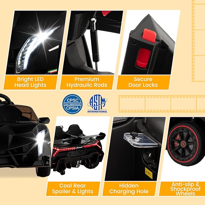 Costzon Ride on Car, Lamborghini Licensed 12V Battery Powered 4WD Sports Car with Remote Control, 3 Speeds, Hydraulic Doors, LED Lights, Towing Wheel, Horn, Music, Electric Vehicle for Kids Aged 3-8-CubbioJoy