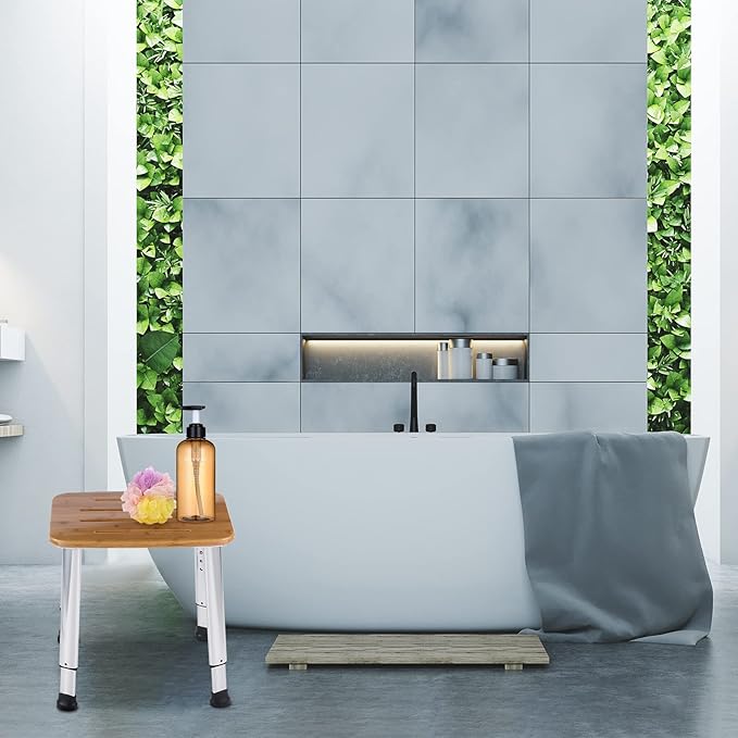 Bathroom Shower Bench Bath Stool Bathtub Seat Spa Chair Foot Rest Step, Height Adjustable Lightweight Waterproof and Rustproof, Bamboo-CubbioJoy