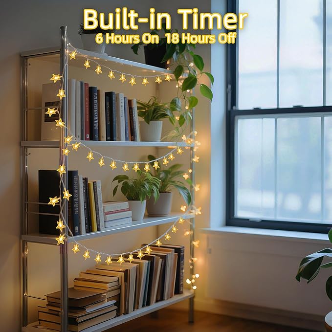 120 LED 40FT Star String Lights, 8 Modes Plug in Star Lights with Timer & Memory, Indoor Outdoor Christmas Twinkle Light for Birthday Party Bedroom Wedding Home Classrom Decor Warm White-CubbioJoy