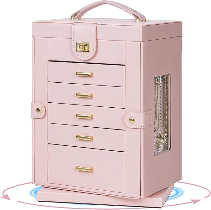 AKOZLIN 360° Rotating Jewelry Box 6-Tier Organizer Functional Jewelry Storage Case for Women Girls Ring Necklace Earring Bracelet Holder with Mirror Pink-CubbioJoy