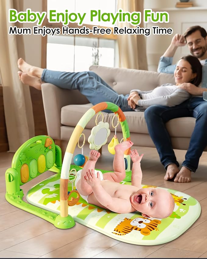 dearlomum Baby Play Mat Gym, Funny Play Piano Tummy Time Activity Mat with 5 Infant Sensory Toys, Music and Lights, Boy & Girl Gifts for Newborns 0 to 3 6 9 12 Months (Green)-CubbioJoy