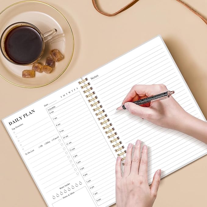 Daily Planner Undated - A5 To Do List Notebook Hourly Schedules, Spiral Appointment Planner for Women and Men, PVC Hardcover, Inner Pocket, Elastic Closure, 5.8" x 8.3", Blue Watercolor-CubbioJoy