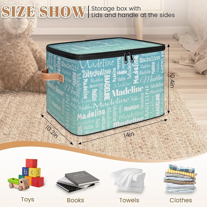 Custom Storage Basket with Name, Personalized Storage Bins with Zipper Lid, Foldable Fabric Storage Box Large capacity with Handle Grey Blue Green-CubbioJoy