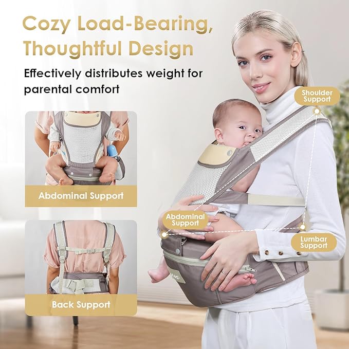 Baby Carrier Newborn to Toddler, Lightweight Ergonomic Baby Hip Seat Carrier Up to 33lbs, Adjustable Extended Waistband Infant Carrier with Breathable Sunshield, Light Grey-CubbioJoy