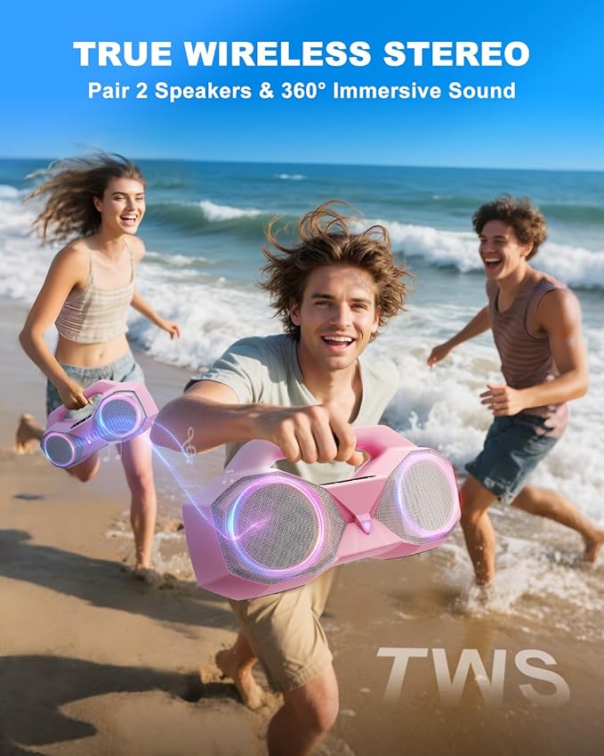 Bluetooth Speaker 80W(Peak)Loud with Bass, 20H Playtime, IPX7 Waterproof, RGB Lights, TWS, Large Portable Wireless Speakers for Outdoor, Home, Party, Pool, Beach, Tailgating, Gym, Work, Gifts (Pink)-CubbioJoy