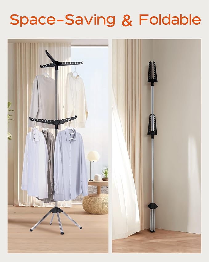 Clothes Drying Rack Foldable, 74.8 inch 2 Tier Laundry Drying Rack with Rotating Clothes Rail for 54 Pieces of Clothes, Space Saving, Indoor, Stainless Steel, Black and Silver CDR002B01-CubbioJoy