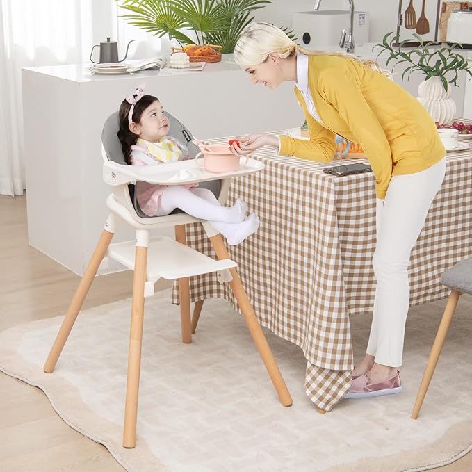 BABY JOY Baby High Chair, 6 in 1 Convertible Wooden High Chair for Babies & Toddlers with Adjustable Legs, Double Removable Tray, Safety Harness & Waterproof PU Cushion (White)-CubbioJoy