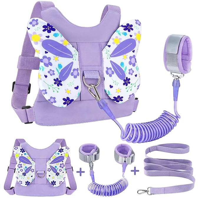 Accmor Toddler Harness Leash, Cute Butterfly Kids Leash + Anti Lost Wrist Link for Outdoor Travel, Mini Child Walking Harness Wristband Assistant Strap Belt for Baby Girls (Purple)-CubbioJoy