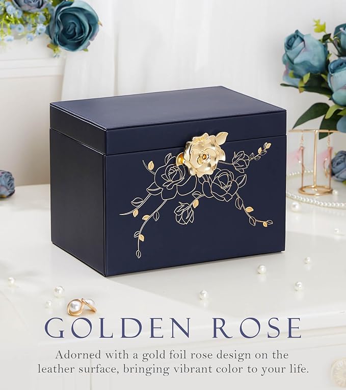 Jewelry Box with Lock for Girls: Jewelry Organizer for Dresser - 3-Drawer Earrings Storage Girls Women Gift (Dark Blue-CubbioJoy