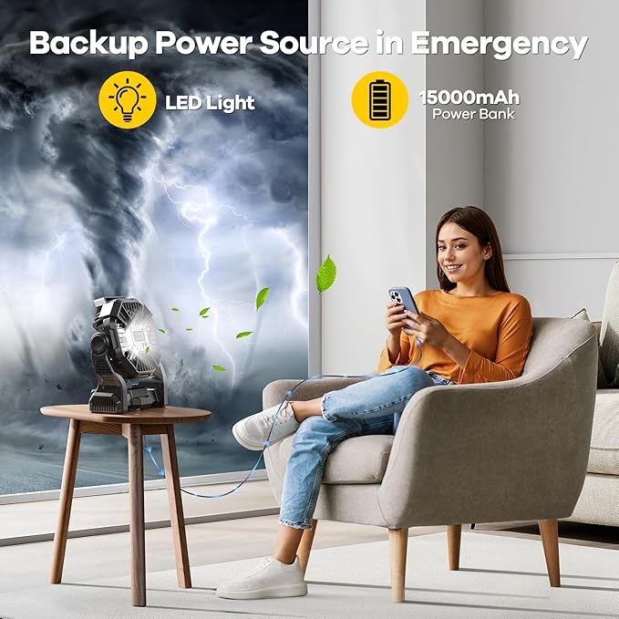 15000mAh Portable Battery Powered Camping Fan - with LED Light, Quiet Battery Operated, Camping Gear for Travel, Tent, Beach, Car or Hurricane Power Outages，Black-CubbioJoy