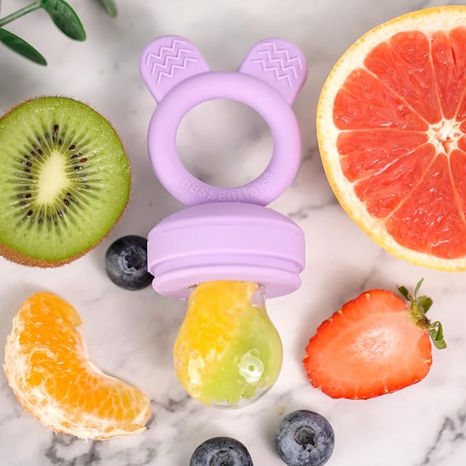 Bessentials Baby Fresh Fruit Food Feeder - 2 Pack Silicone Baby Mesh Feeders for Infant Safe Self Feeding |3 Sizes Food Pouches Included| Suitable for Baby 4m+（ Purple+Misty Green）-CubbioJoy