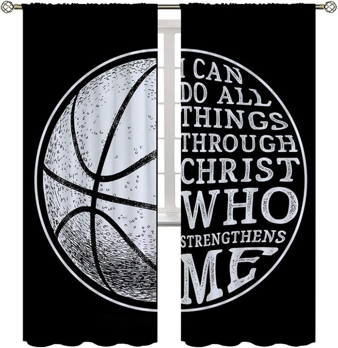 Basketball Blackout Curtains for Boy Girl Room Darkening Decor,Sport Theme and White Motto Dark Background Bedroom Living Room Home Rod Pocket Thermal Insulated Window Curtain/Drapes Panel,84x84 Inch…-CubbioJoy