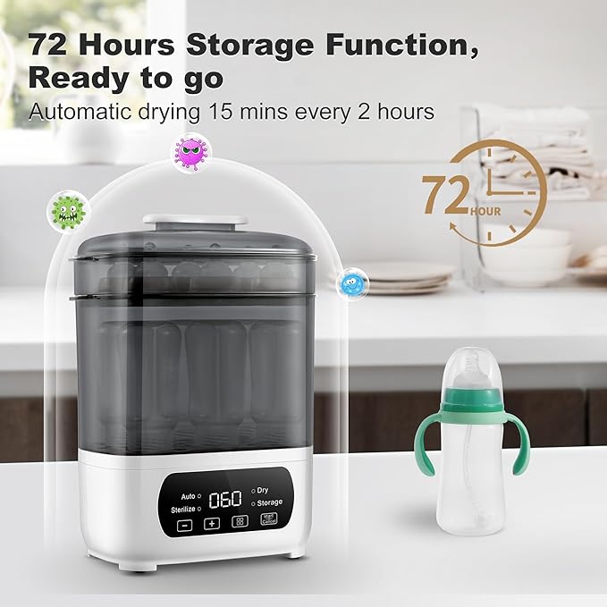 Baby Bottle Steamer and Dryer, Electric Steamer and Dryer for Baby Bottles, 4-in-1 Bottle Steamer and Dryer, Universal Fit for All Bottles, LED Touch Screen, Auto Shut-Off-CubbioJoy