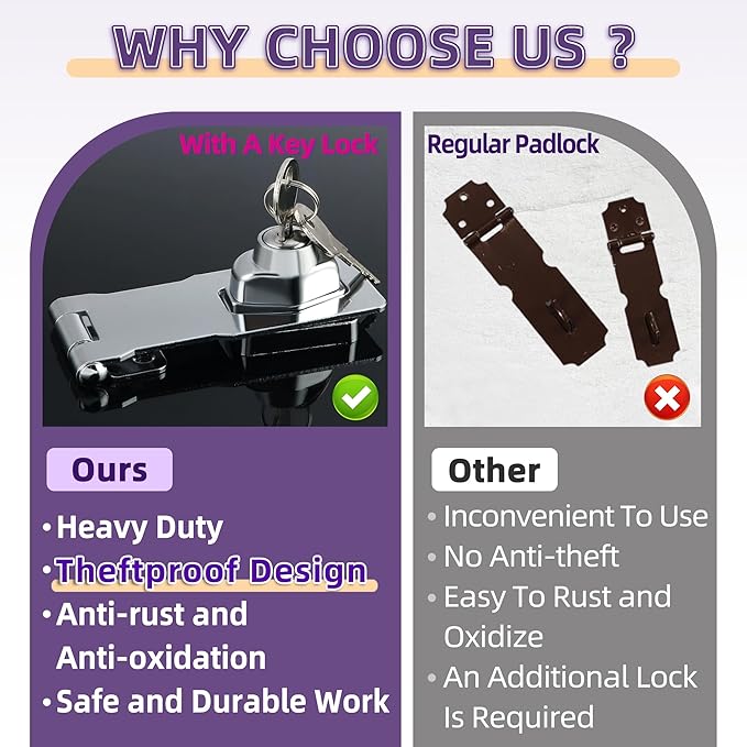 Alise Keyed Hasp Lock,4 Inch Safety Packlock Clasp Hasp Lock Latch with Lock,Door Hinge Lock with Keys Keyed Locking Hasp for Cabinets Closets Doors,Chrome-CubbioJoy