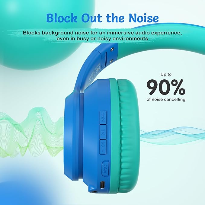 Active Noise Cancelling Headphones for Kids, 60H Playtime, Wireless Bluetooth Over-Ear Blue Headset Built-in Microphone for Home/School/Travel/Party - Includes Portable Case-CubbioJoy
