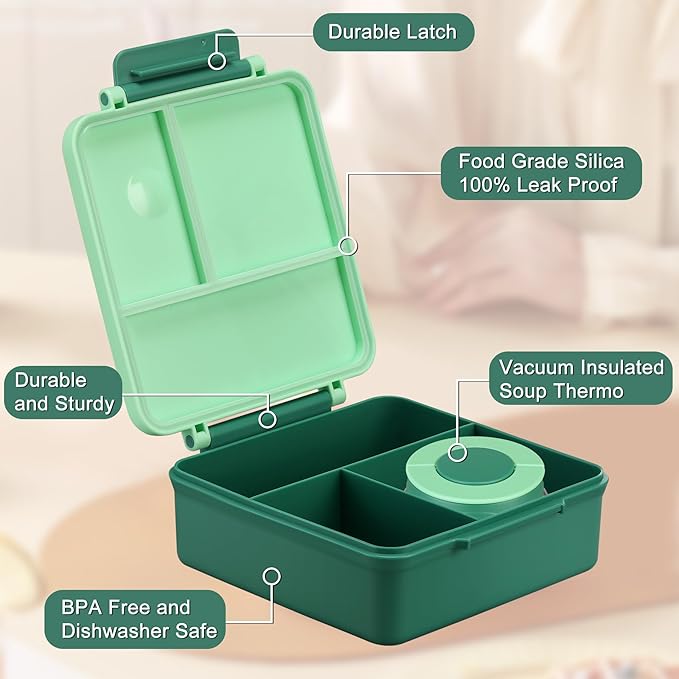 Bento Lunch Box for Kids with 8oz Soup Thermo&Lunch Bag, Leak-Proof Lunch Food Containers with 4 Compartment, Hot Food Insulated Food Jar for Kids School (Green)-CubbioJoy