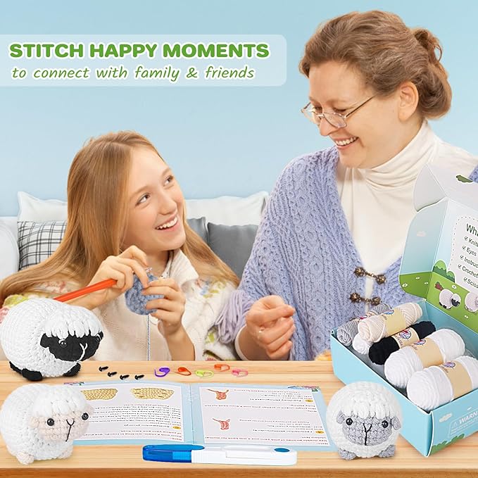 Crochet Kit for Beginners, Crochet Starter Kit with Step-by-Step Video Tutorials, Amigurumi Crochet DIY Knitting Supplies for Adults Kids, 3-Pack Little Lambs (40%+ Yarn)-CubbioJoy
