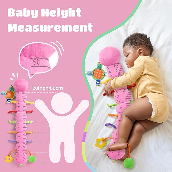Baby Toys 6-12 Months Music Caterpillar Infant Toys Stuffed Animals 0-3-6 Months Teething Tummy Time Sensory Toys with Mirror Rattle&Pull String for Boys Girls Birthday Gifts|Pink,Knot Limb-CubbioJoy